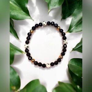 6mm Faceted Black Onyx & Dalmatian Jasper Bracelet – Stainless Steel Accents